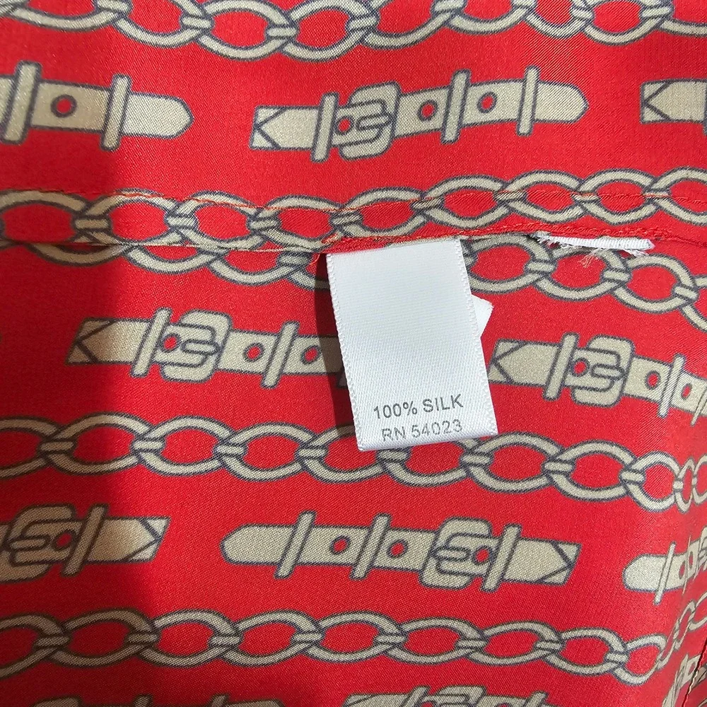 Banana Republic Red Silk Equestrian Chain Print Tie Neck Blouse Petite S